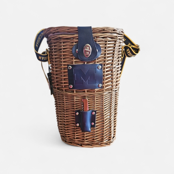The Memory Company Other - U of M Wicker Cooler Bag with Blue Leather Accents, Cork Screw and Carry Strap.